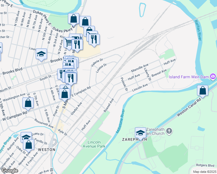 map of restaurants, bars, coffee shops, grocery stores, and more near 62 South Park Street in Manville