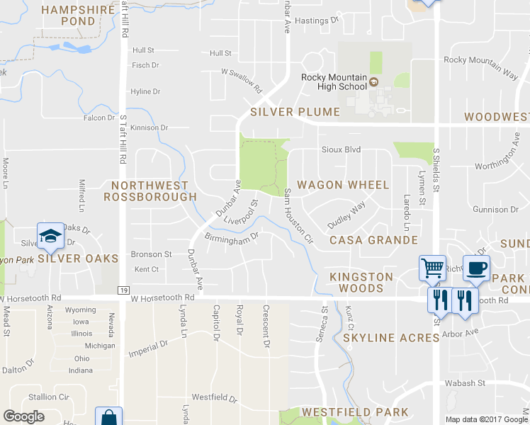map of restaurants, bars, coffee shops, grocery stores, and more near 3319 Downing Court in Fort Collins