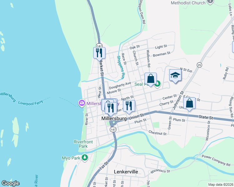 map of restaurants, bars, coffee shops, grocery stores, and more near 266 Moore Street in Millersburg