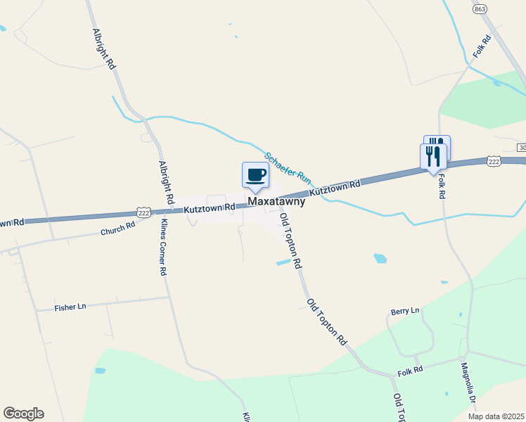 map of restaurants, bars, coffee shops, grocery stores, and more near 15886 Kutztown Rd in Mertztown