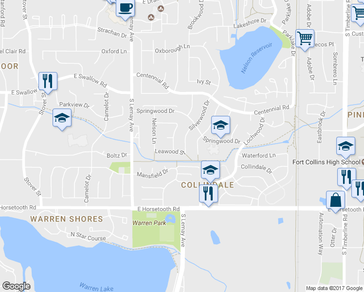 map of restaurants, bars, coffee shops, grocery stores, and more near 3249 Silverwood Drive in Fort Collins