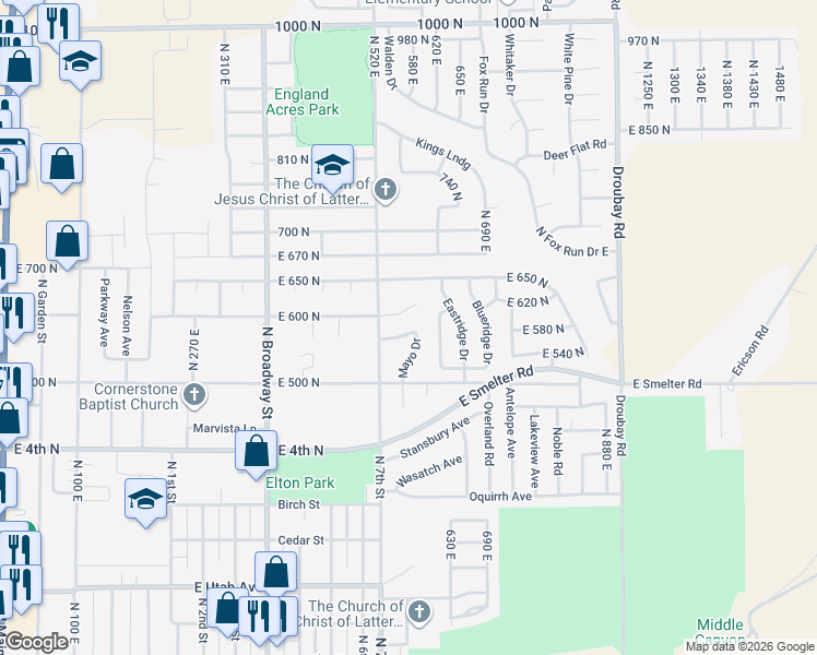 map of restaurants, bars, coffee shops, grocery stores, and more near 569 East 560 North in Tooele