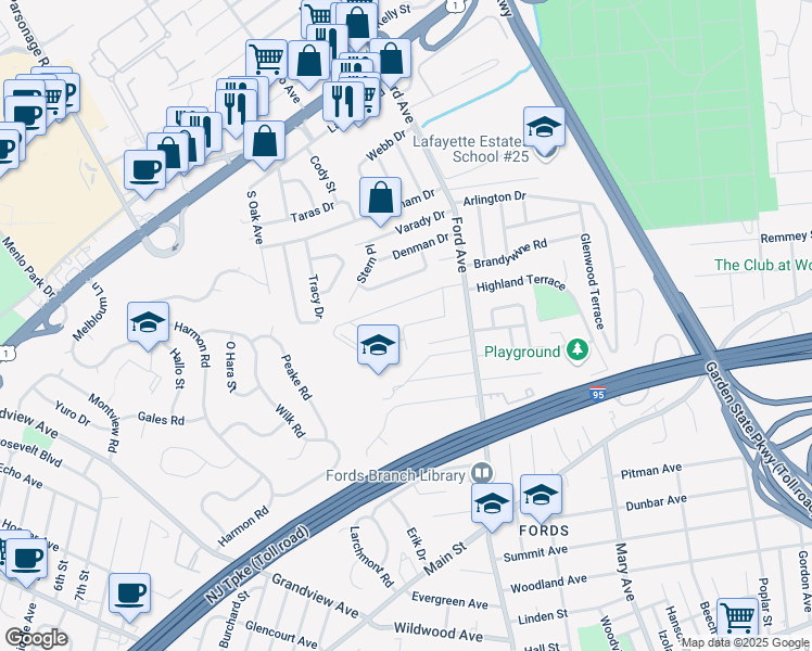 map of restaurants, bars, coffee shops, grocery stores, and more near 58 Inverness Terrace in Woodbridge Township