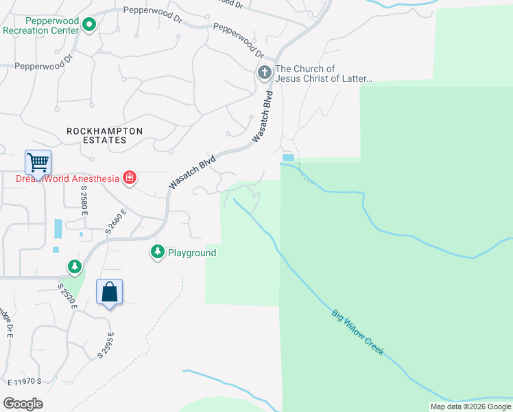 map of restaurants, bars, coffee shops, grocery stores, and more near Big Willow Court in Salt Lake County