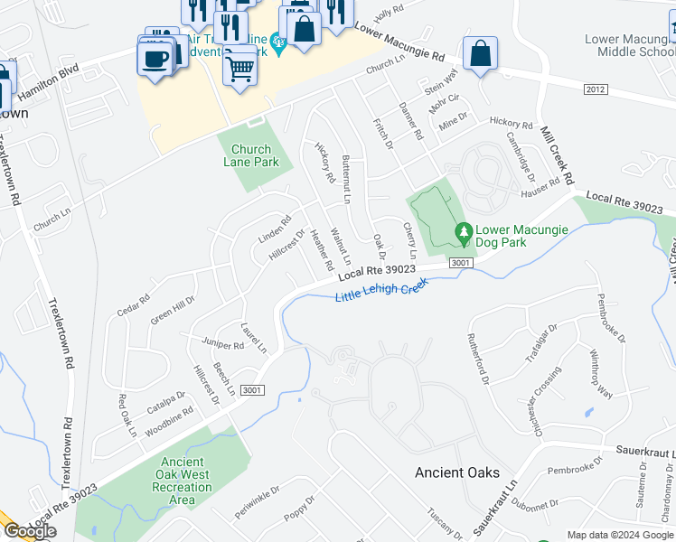 map of restaurants, bars, coffee shops, grocery stores, and more near 7021 Heather Road in Macungie