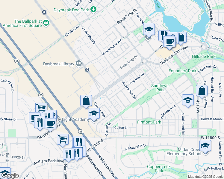 map of restaurants, bars, coffee shops, grocery stores, and more near 5033 West Daybreak Parkway in South Jordan