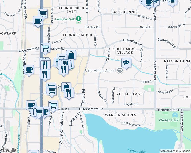 map of restaurants, bars, coffee shops, grocery stores, and more near 3300 Stover Street in Fort Collins