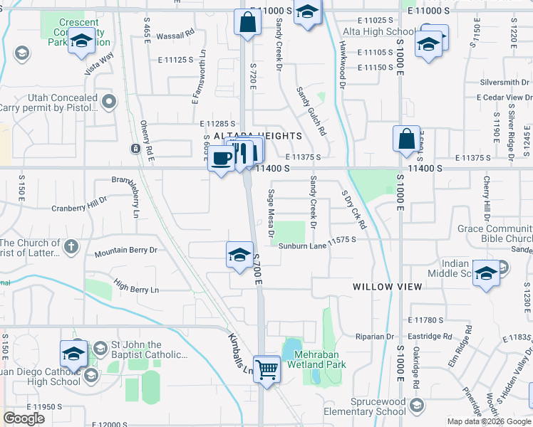 map of restaurants, bars, coffee shops, grocery stores, and more near 11575 South 700 East in Draper