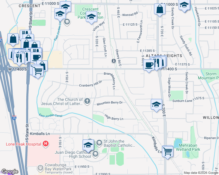 map of restaurants, bars, coffee shops, grocery stores, and more near 11532 Brambleberry Lane in Draper