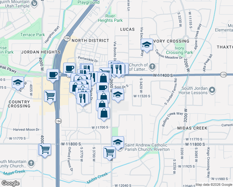map of restaurants, bars, coffee shops, grocery stores, and more near 11545 3600 West in South Jordan
