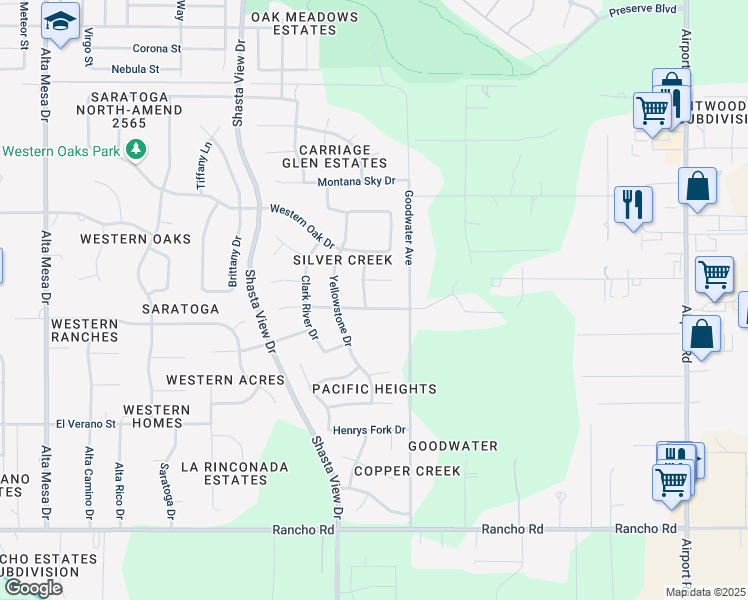 map of restaurants, bars, coffee shops, grocery stores, and more near 3026 Madison River Drive in Redding