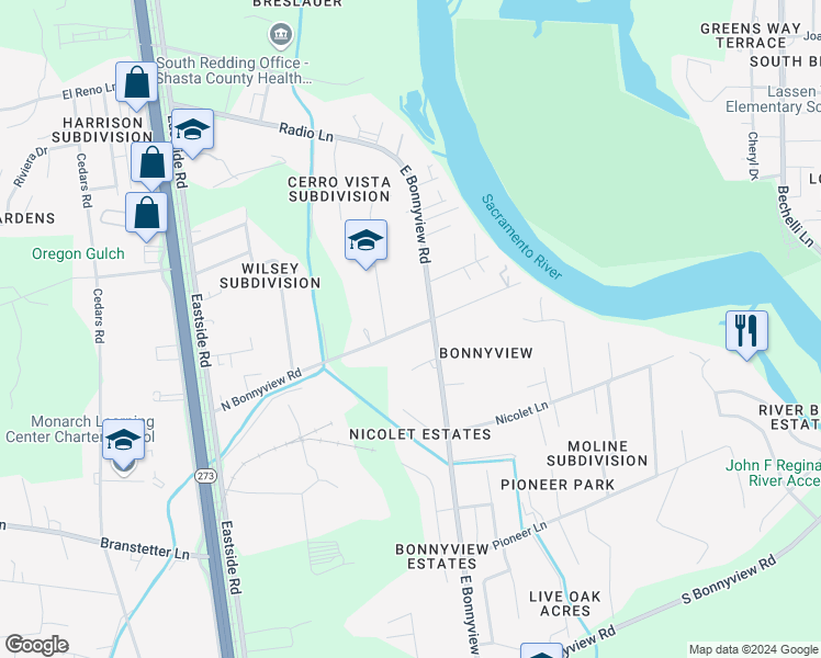 map of restaurants, bars, coffee shops, grocery stores, and more near 2711 North Bonnyview Road in Redding