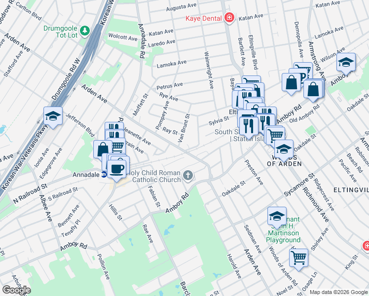 map of restaurants, bars, coffee shops, grocery stores, and more near 1179 Arden Avenue in Staten Island