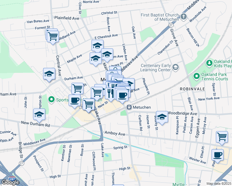 map of restaurants, bars, coffee shops, grocery stores, and more near 24 New Street in Metuchen