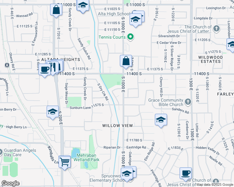 map of restaurants, bars, coffee shops, grocery stores, and more near 989 East Dry Gulch Circle in Sandy