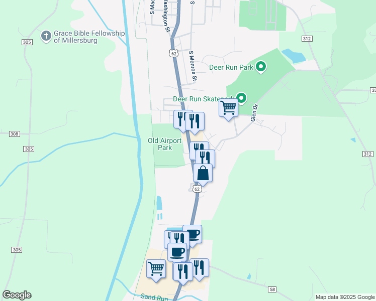 map of restaurants, bars, coffee shops, grocery stores, and more near 1016 South Washington Street in Millersburg