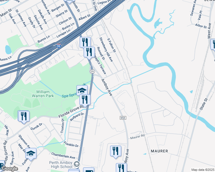 map of restaurants, bars, coffee shops, grocery stores, and more near 2 Amboy Avenue in Woodbridge Township