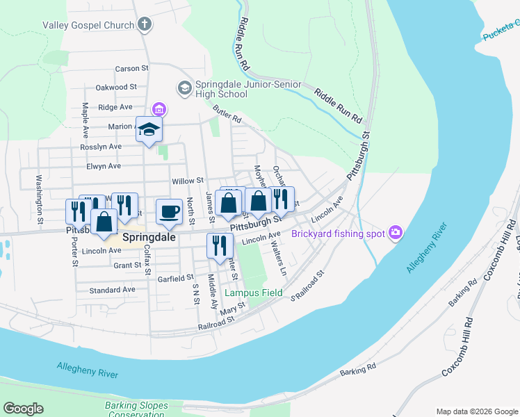 map of restaurants, bars, coffee shops, grocery stores, and more near 911 Walnut Street in Springdale