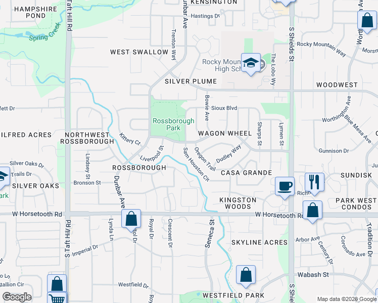 map of restaurants, bars, coffee shops, grocery stores, and more near 3318 Sam Houston Circle in Fort Collins
