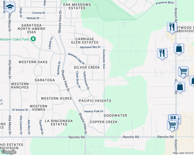 map of restaurants, bars, coffee shops, grocery stores, and more near 3026 Madison River Drive in Redding