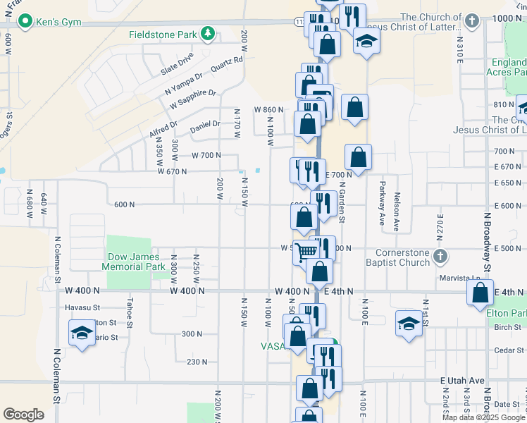 map of restaurants, bars, coffee shops, grocery stores, and more near 107 West 600 North in Tooele