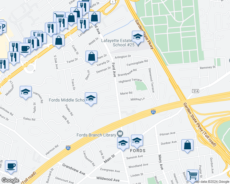 map of restaurants, bars, coffee shops, grocery stores, and more near 377 Ford Avenue in Woodbridge Township