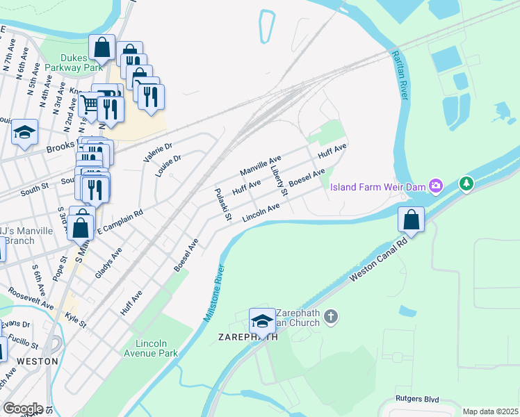 map of restaurants, bars, coffee shops, grocery stores, and more near 108 Koscucko Street in Manville