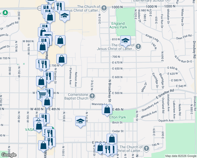 map of restaurants, bars, coffee shops, grocery stores, and more near 298 East 600 North in Tooele