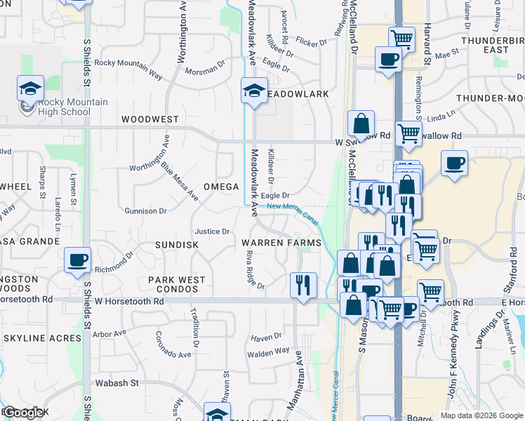 map of restaurants, bars, coffee shops, grocery stores, and more near 527 Plowman Way in Fort Collins
