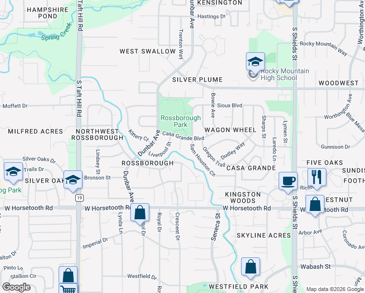 map of restaurants, bars, coffee shops, grocery stores, and more near 3319 Downing Court in Fort Collins