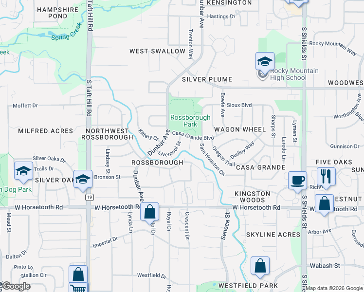 map of restaurants, bars, coffee shops, grocery stores, and more near 3319 Downing Court in Fort Collins