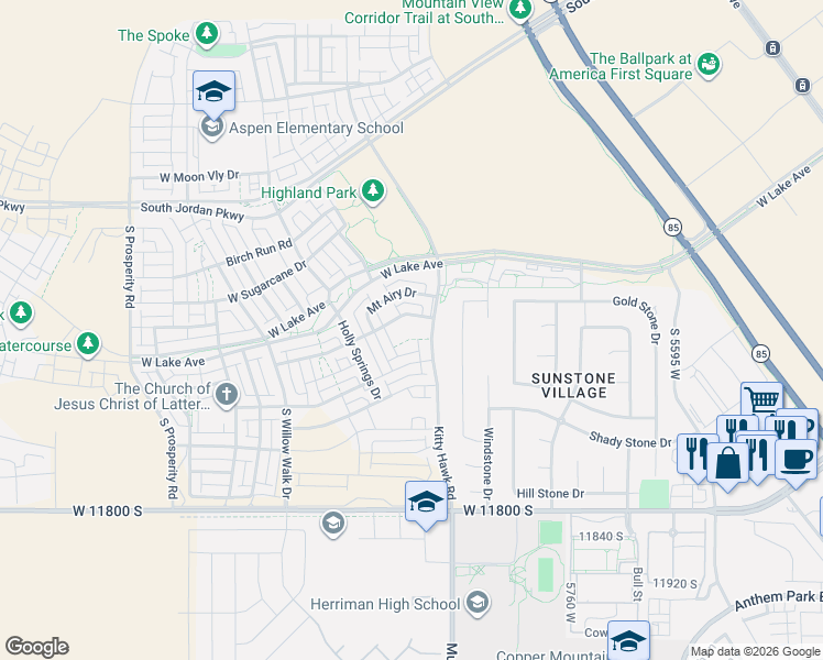 map of restaurants, bars, coffee shops, grocery stores, and more near 11541 Mount Airy Drive in South Jordan