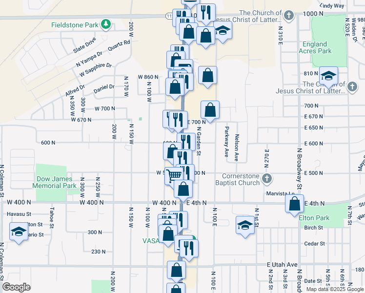 map of restaurants, bars, coffee shops, grocery stores, and more near 555 North Main Street in Tooele