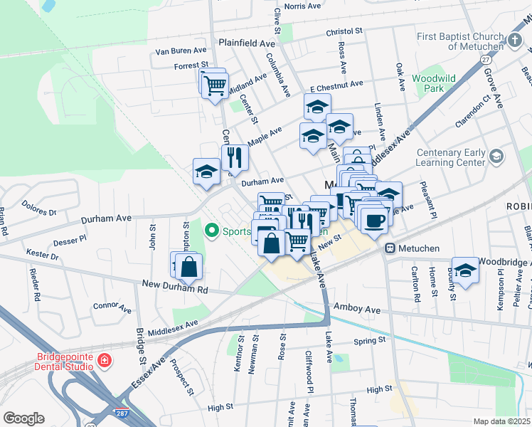 map of restaurants, bars, coffee shops, grocery stores, and more near 3 Park Square in Metuchen