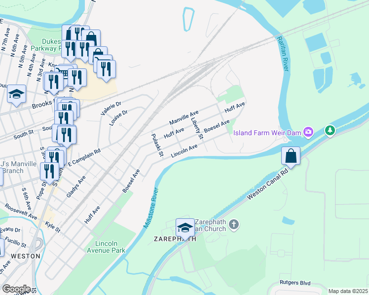 map of restaurants, bars, coffee shops, grocery stores, and more near 108 Koscucko Street in Manville