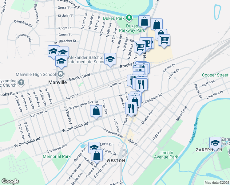 map of restaurants, bars, coffee shops, grocery stores, and more near 19 South 5th Avenue in Manville