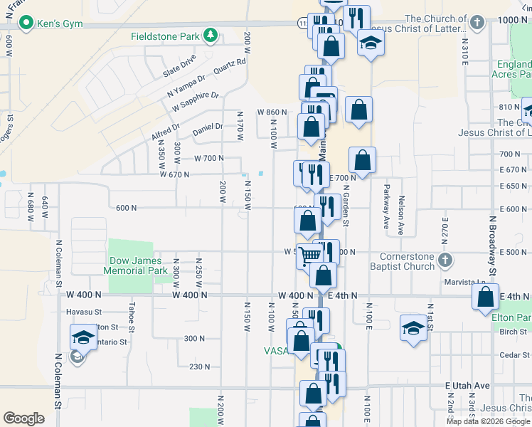map of restaurants, bars, coffee shops, grocery stores, and more near 107 West 600 North in Tooele