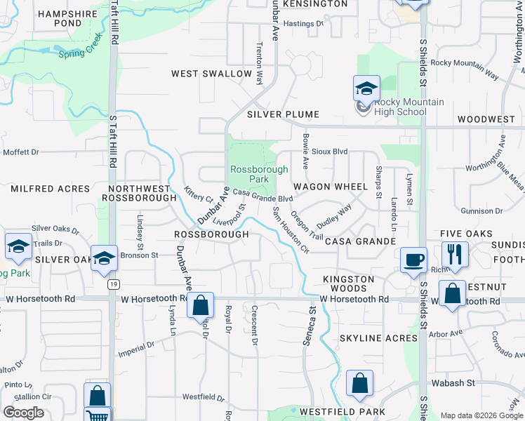map of restaurants, bars, coffee shops, grocery stores, and more near 3319 Downing Court in Fort Collins