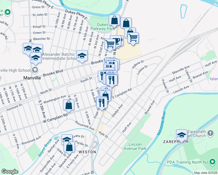 map of restaurants, bars, coffee shops, grocery stores, and more near 110 South Main Street in Manville