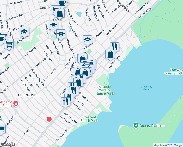 map of restaurants, bars, coffee shops, grocery stores, and more near 307 Nelson Avenue in Staten Island