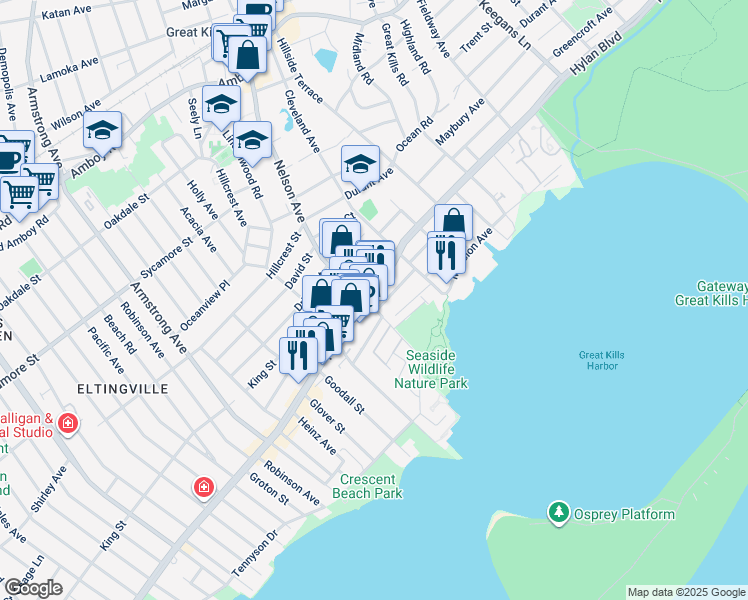 map of restaurants, bars, coffee shops, grocery stores, and more near 305 Nelson Avenue in Staten Island