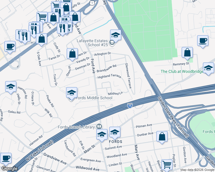 map of restaurants, bars, coffee shops, grocery stores, and more near 52 Snyder Road in Woodbridge Township