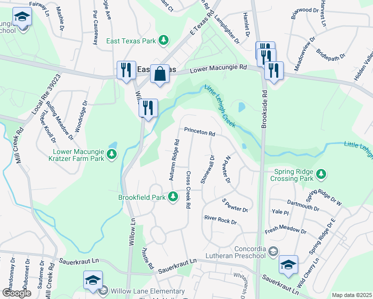 map of restaurants, bars, coffee shops, grocery stores, and more near 2126 Cross Creek Rd in Macungie