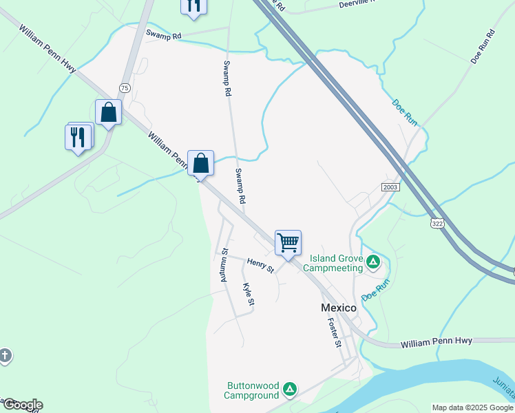 map of restaurants, bars, coffee shops, grocery stores, and more near 10 Swamp Road in Mifflintown