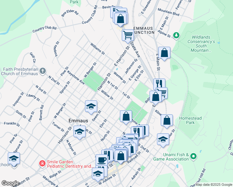 map of restaurants, bars, coffee shops, grocery stores, and more near 130 Seem Street in Emmaus