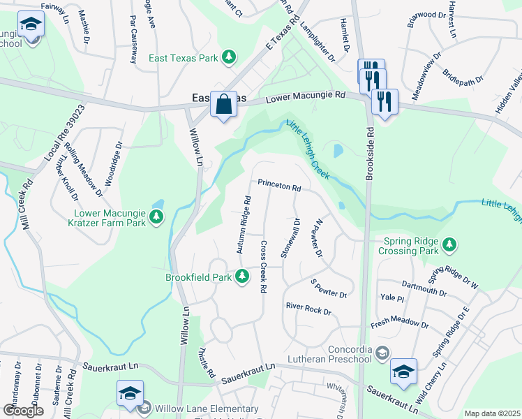 map of restaurants, bars, coffee shops, grocery stores, and more near 2126 Cross Creek Rd in Macungie