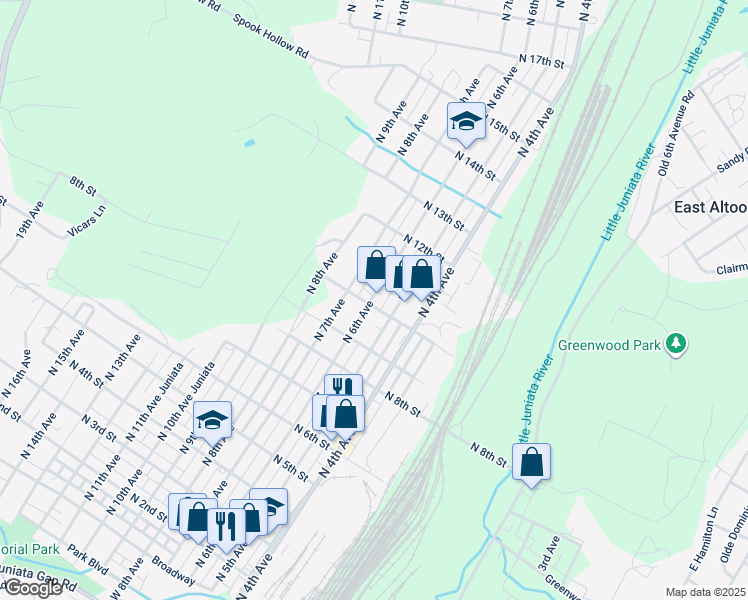 map of restaurants, bars, coffee shops, grocery stores, and more near 518 North 10th Street in Altoona