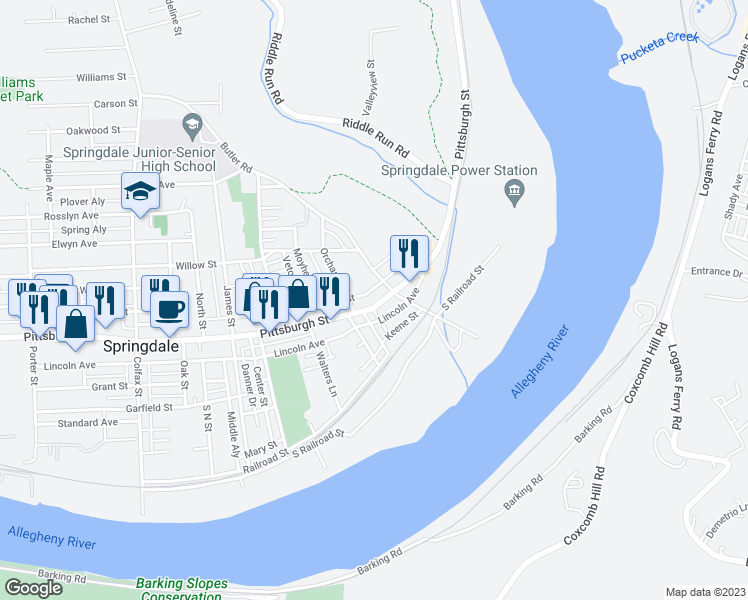 map of restaurants, bars, coffee shops, grocery stores, and more near 1031 Pittsburgh Street in Springdale