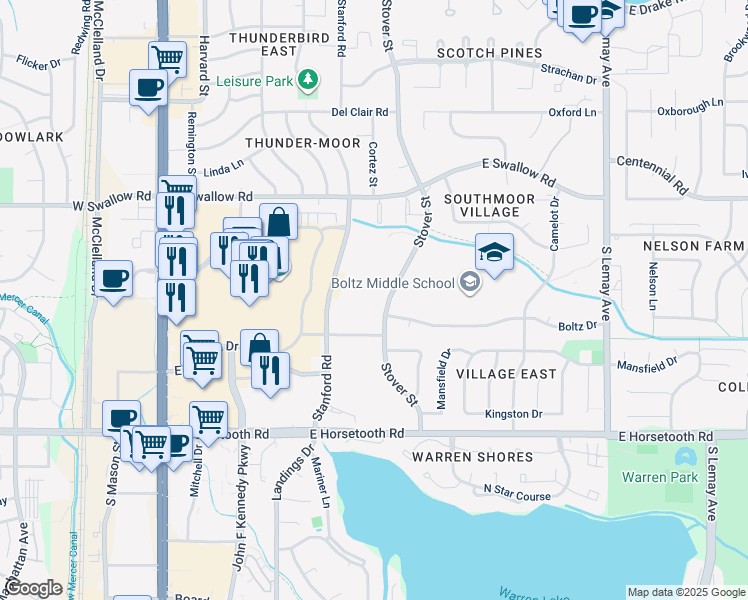 map of restaurants, bars, coffee shops, grocery stores, and more near 3300 Stover Street in Fort Collins