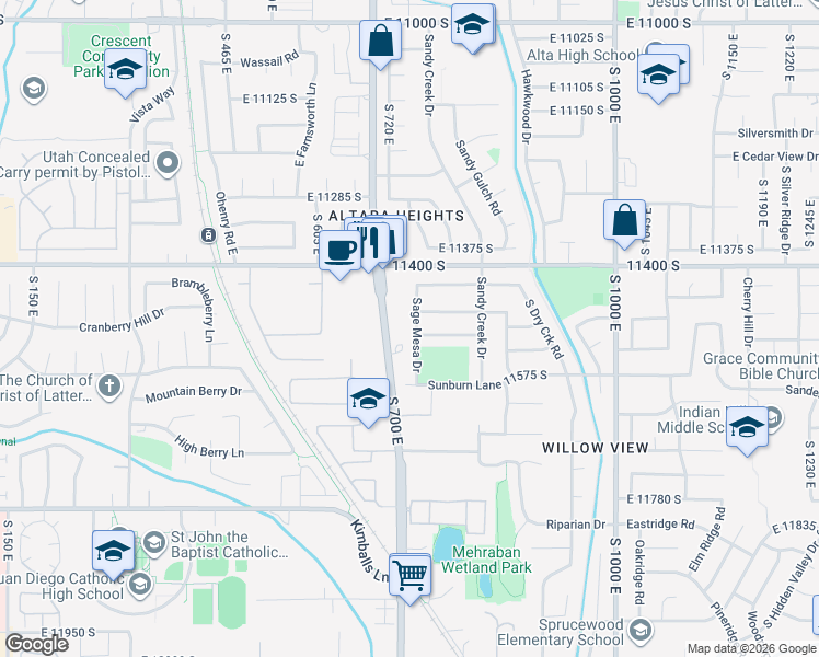 map of restaurants, bars, coffee shops, grocery stores, and more near 11575 South 700 East in Draper